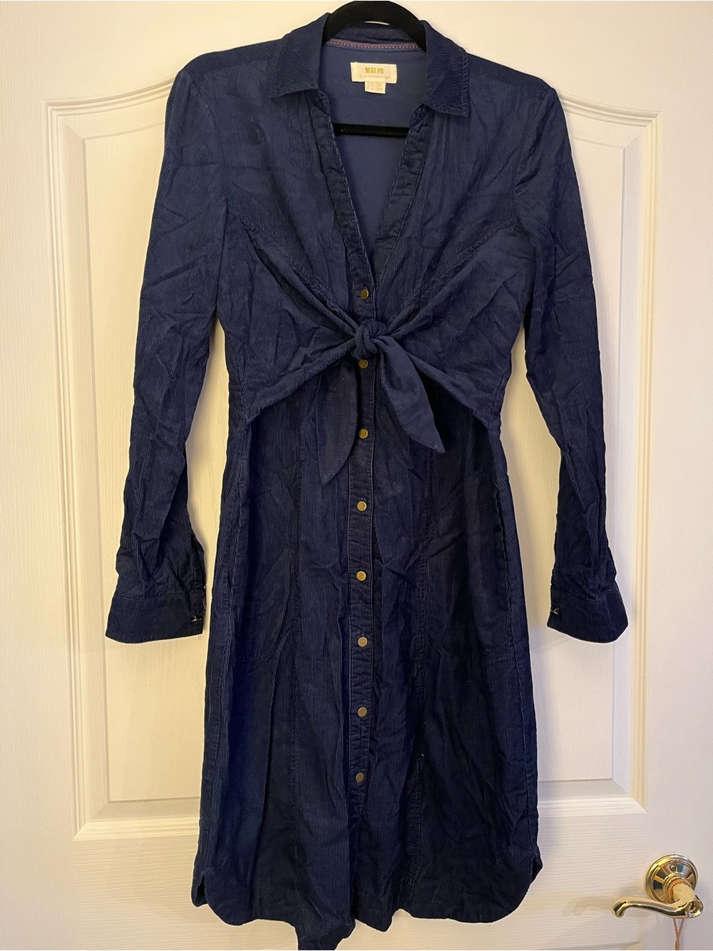 Maeve Anthropologie Corduroy Navy Button-Front Tie-Waist Shirt Dress Western